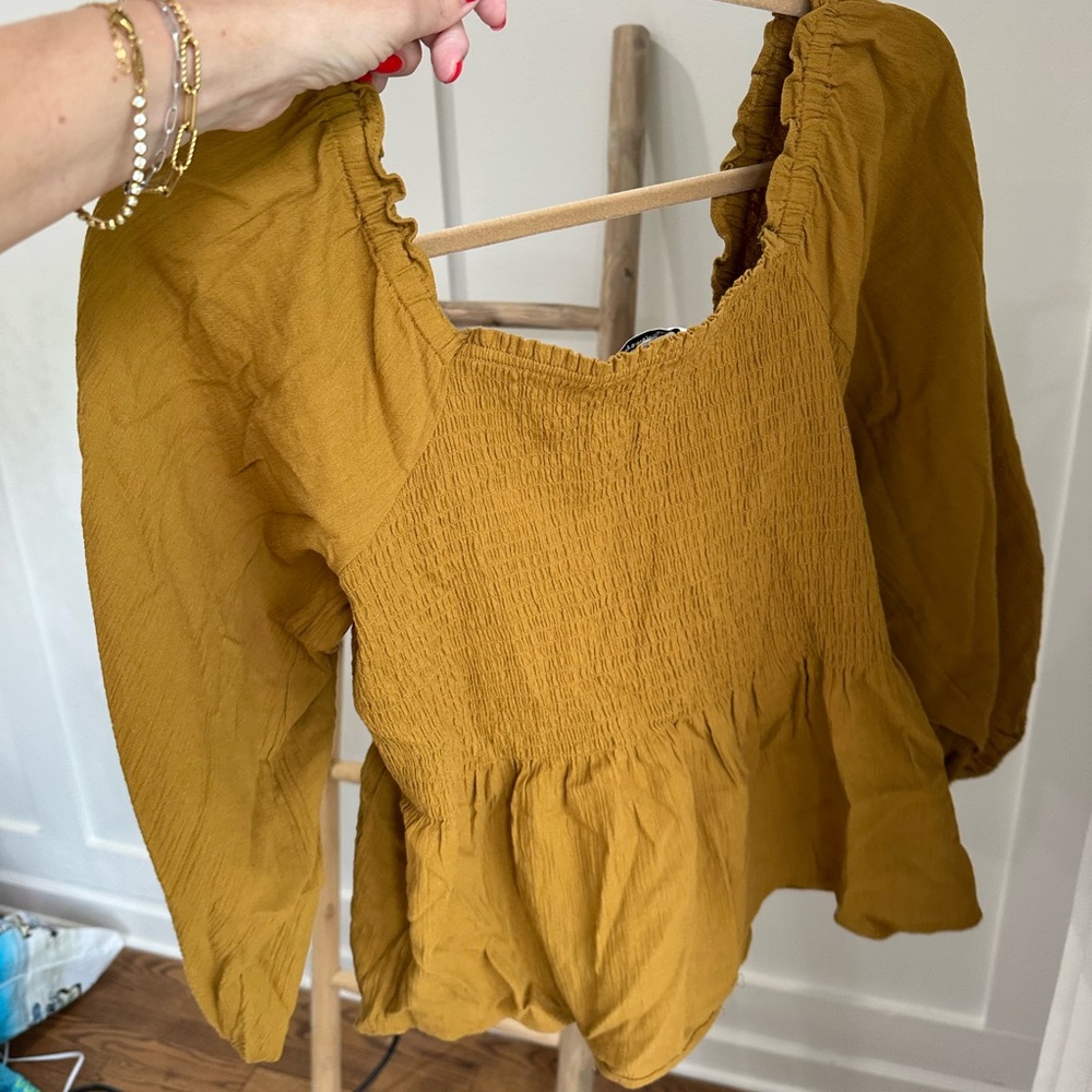 Madewell Mustard Smocked Square-Neck Peplum Blouse - Picture 5 of 5